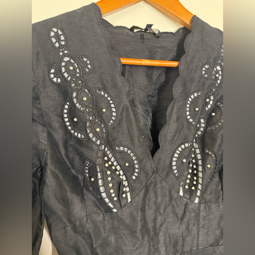 Maje Black Long-Sleeve Embellished V-Neck Fit-and-Flare Dress Small / 2 Repair - Picture 4 of 15